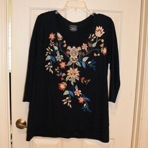 Chico's Dark Navy Floral V Neck 3/4 Sleeved Women's Top Size 2 (LARGE)